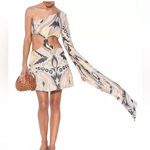 Cult Gaia One-Shoulder Patterned Dress with Long Sleeve